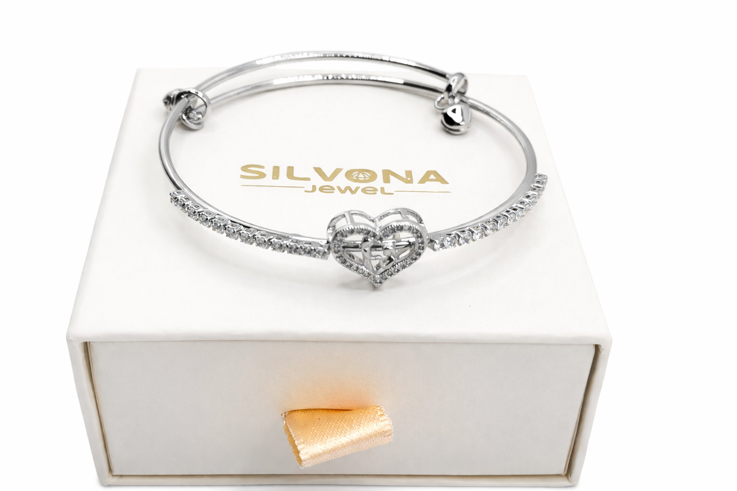 AD Heart Bracelet for Women | CZ Studded Adjustable Brass Bangle | Silver-Tone Heart Charm Bracelet