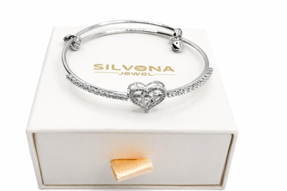AD Heart Bracelet for Women | CZ Studded Adjustable Brass Bangle | Silver-Tone Heart Charm Bracelet