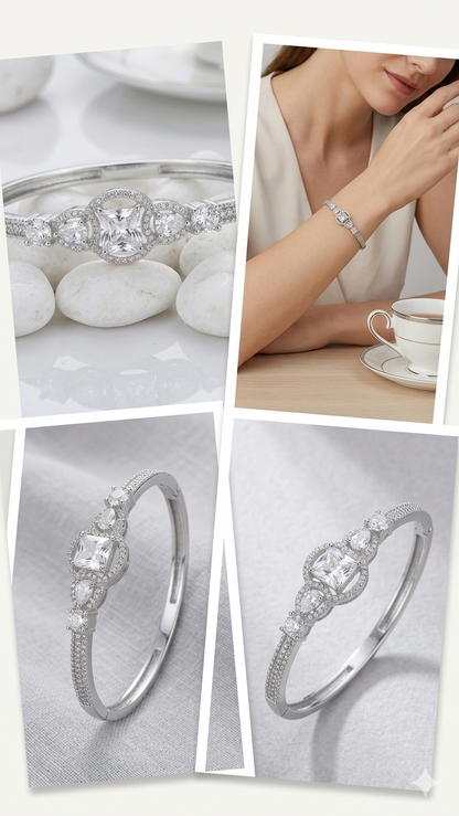 American Diamond Silver Polish Bracelet for Women | Premium Brass Kada | Elegant AD Stone Bangle | Adjustable Luxury Bracelet