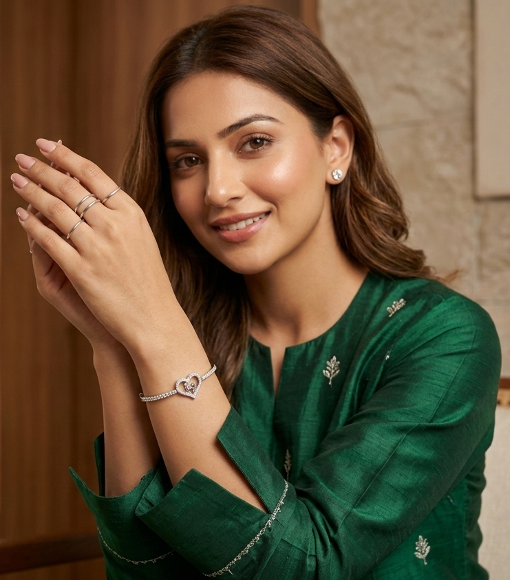 AD Heart Bracelet for Women | CZ Studded Adjustable Brass Bangle | Silver-Tone Heart Charm Bracelet