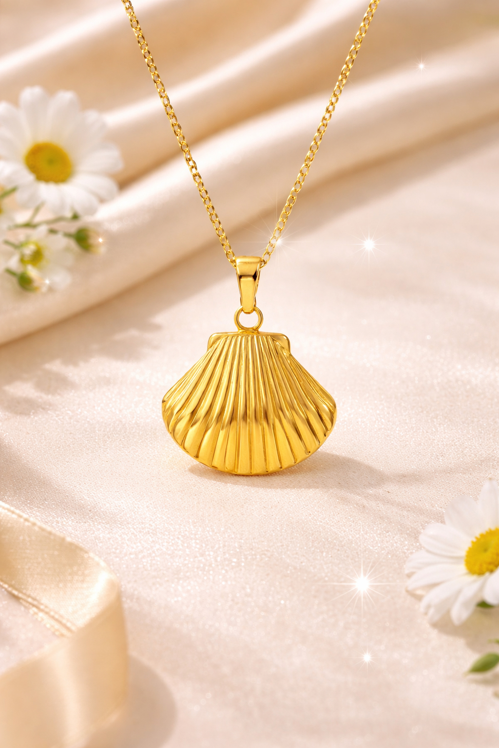 Gold shell pendant necklace on a soft beige fabric background with daisies.