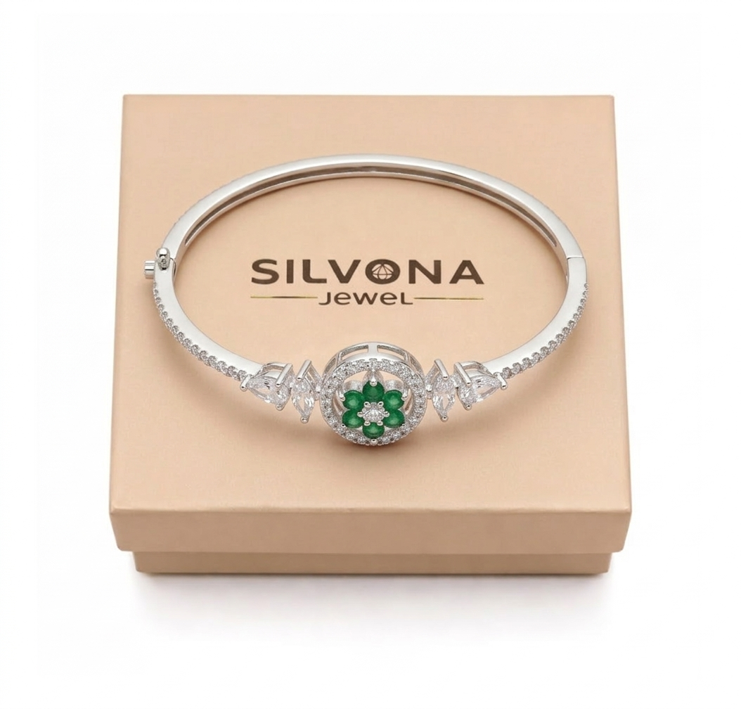 American Diamond Silver Polish Bracelet for Women | Premium Brass Kada | Elegant AD Stone Bangle | Adjustable Luxury Bracelet