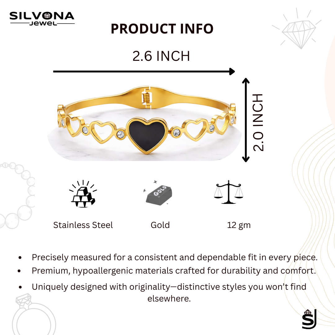 Gold Polished Heart Design Bracelet for Women | Anti Tarnish Stainless Steel Love Bracelet | Elegant Black Heart Charm Bangle | Waterproof Fashion Jewelry for Girls | Daily Wear Gift for Wife Girlfriend