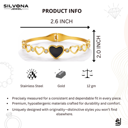 Gold Polished Heart Design Bracelet for Women | Anti Tarnish Stainless Steel Love Bracelet | Elegant Black Heart Charm Bangle | Waterproof Fashion Jewelry for Girls | Daily Wear Gift for Wife Girlfriend