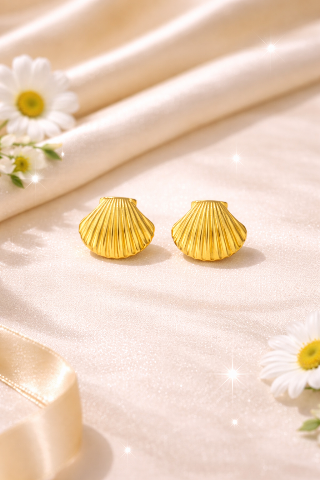 Gold shell-shaped earrings on a beige fabric background with daisies.