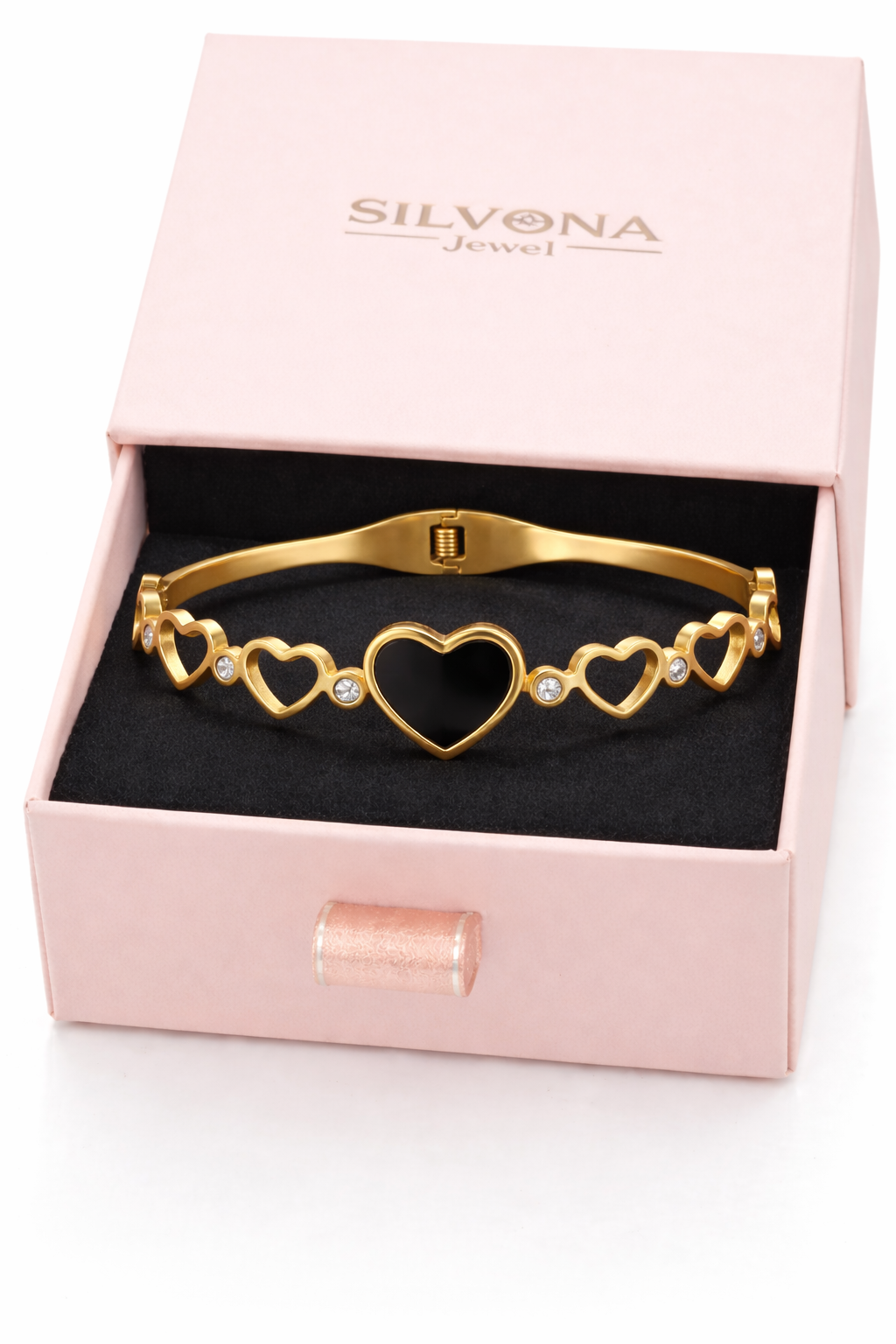 Gold Polished Heart Design Bracelet for Women | Anti Tarnish Stainless Steel Love Bracelet | Elegant Black Heart Charm Bangle | Waterproof Fashion Jewelry for Girls | Daily Wear Gift for Wife Girlfriend