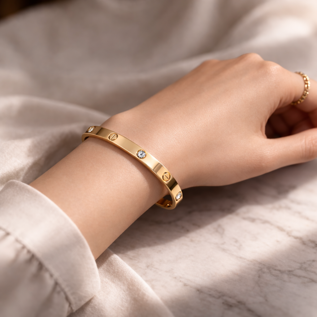 Gold Plated Screw Design Bangle Bracelet for Women – Minimalist Luxury Diamond-Style Crystal Bracelet, Elegant Love Style Cuff Jewelry for Women & Girls