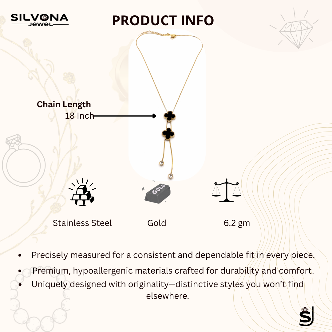 Gold Plated Clover Pendant Necklace for Women, Black Enamel with Crystal Drop Charms