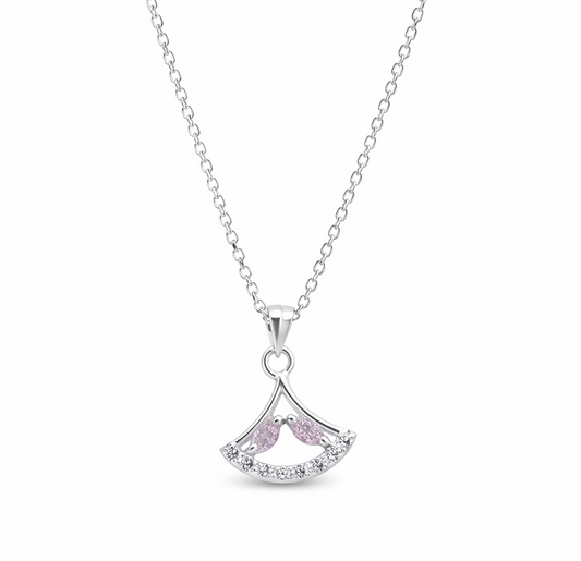 Silver necklace with a pink gemstone pendant on a white background