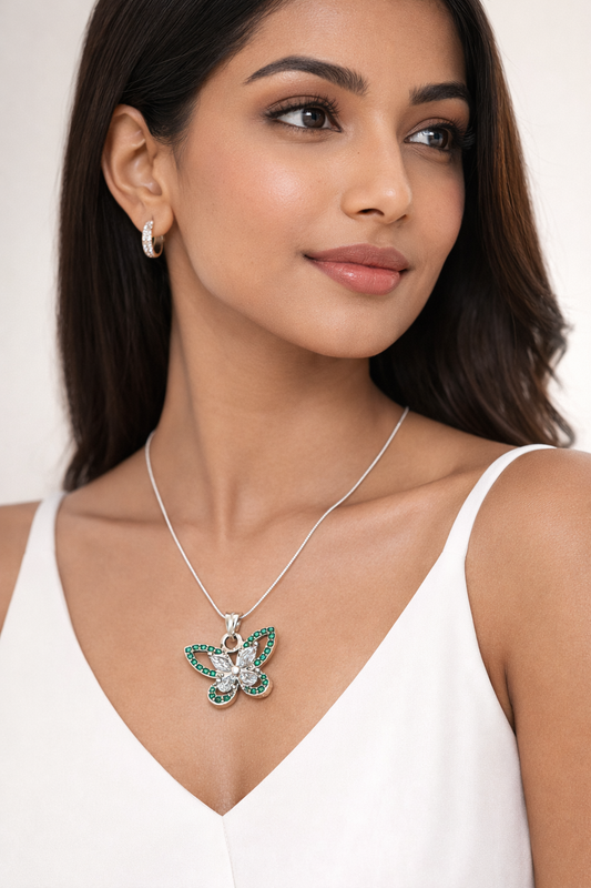 Emerald Flutter – 925 Silver Butterfly Pendant