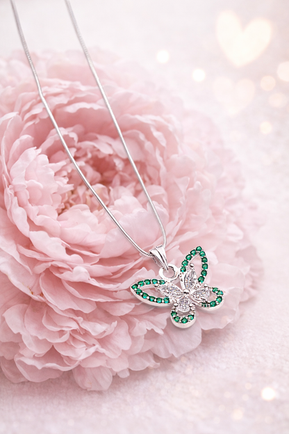 Emerald Flutter – 925 Silver Butterfly Pendant