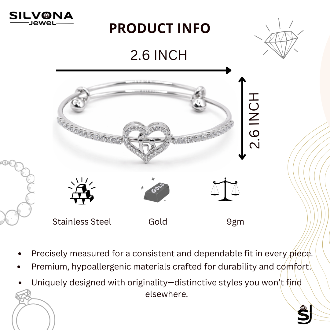 AD Heart Bracelet for Women | CZ Studded Adjustable Brass Bangle | Silver-Tone Heart Charm Bracelet