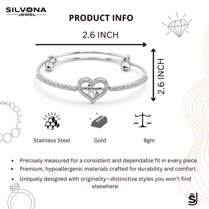 AD Heart Bracelet for Women | CZ Studded Adjustable Brass Bangle | Silver-Tone Heart Charm Bracelet