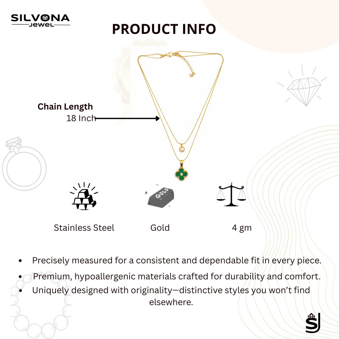 Gold Plated Clover Pendant Necklace for Women | Anti Tarnish Stainless Steel Double Layer Necklace | Green Clover Charm Pendant | Trendy Minimal Jewelry Gift for Girls & Women