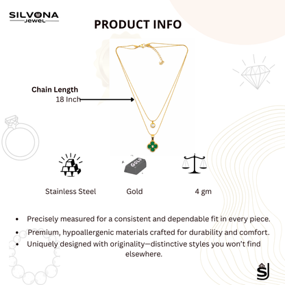 Gold Plated Clover Pendant Necklace for Women | Anti Tarnish Stainless Steel Double Layer Necklace | Green Clover Charm Pendant | Trendy Minimal Jewelry Gift for Girls & Women