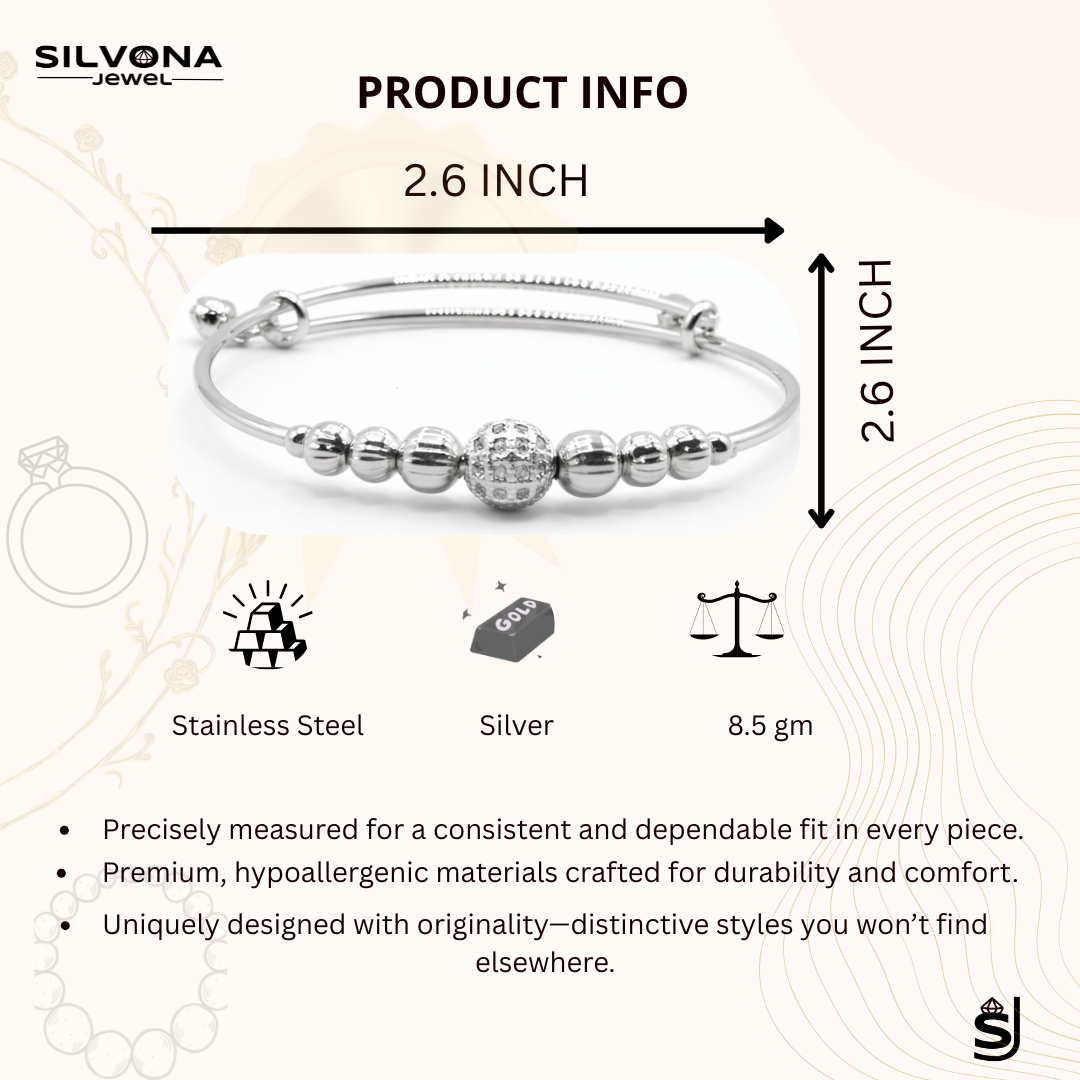 Silver bracelet with dimensions and material details on a white background