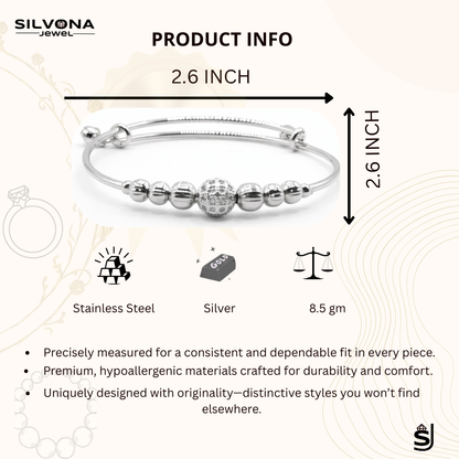 Silver bracelet with dimensions and material details on a white background