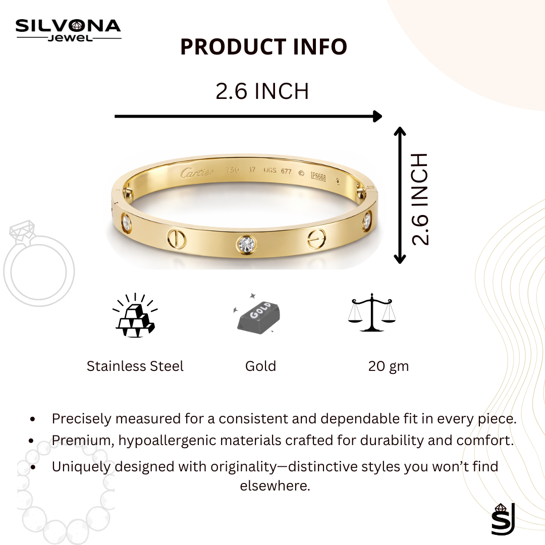 Gold Plated Screw Design Bangle Bracelet for Women – Minimalist Luxury Diamond-Style Crystal Bracelet, Elegant Love Style Cuff Jewelry for Women & Girls