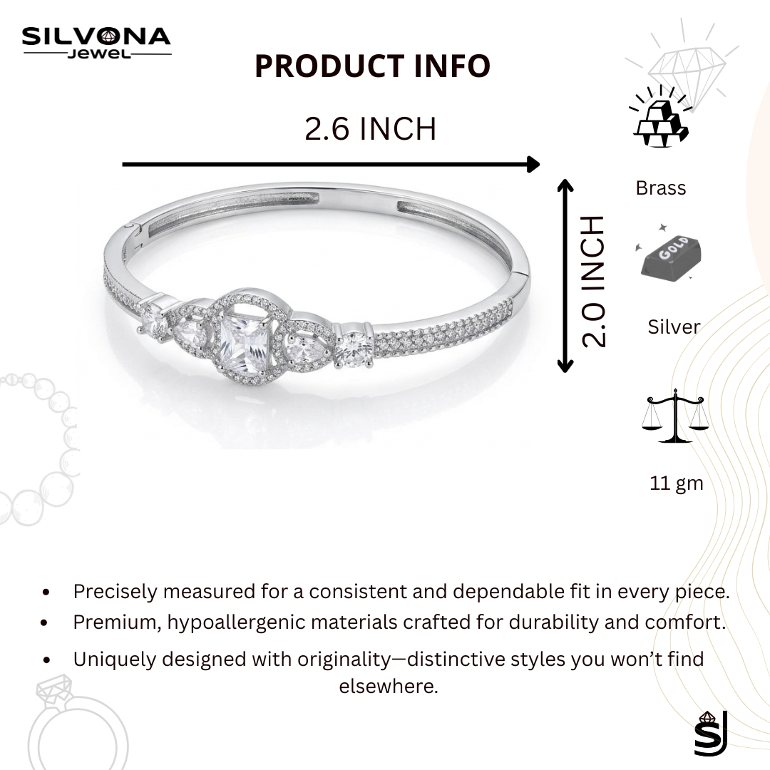 American Diamond Silver Polish Bracelet for Women | Premium Brass Kada | Elegant AD Stone Bangle | Adjustable Luxury Bracelet