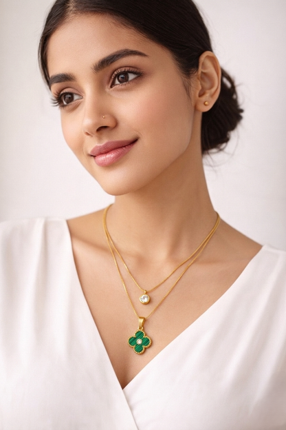 Gold Plated Clover Pendant Necklace for Women | Anti Tarnish Stainless Steel Double Layer Necklace | Green Clover Charm Pendant | Trendy Minimal Jewelry Gift for Girls & Women