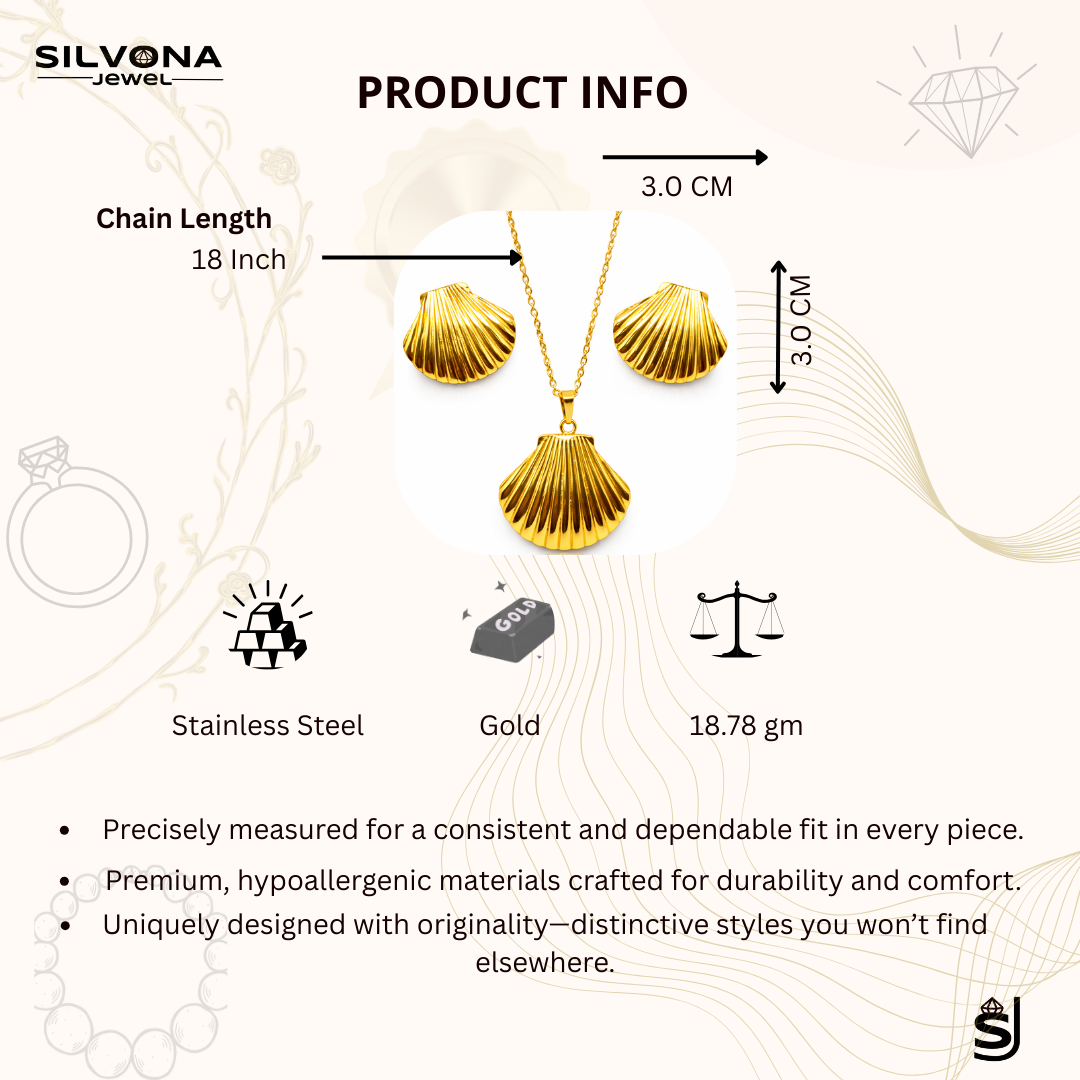 Product information for a gold necklace and earrings set by Silvona Jewel, including chain length, material details, and weight.