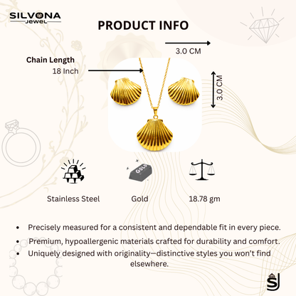 Product information for a gold necklace and earrings set by Silvona Jewel, including chain length, material details, and weight.