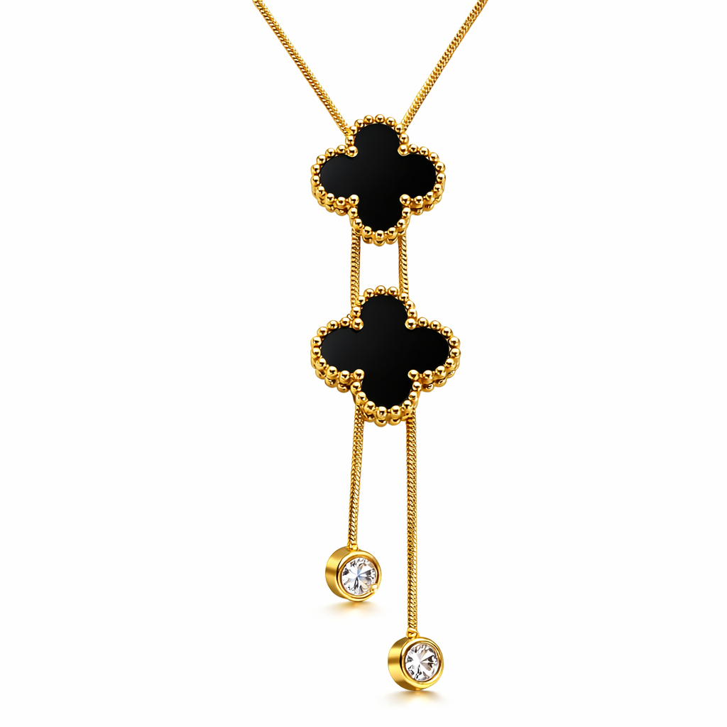 Gold Plated Clover Pendant Necklace for Women, Black Enamel with Crystal Drop Charms