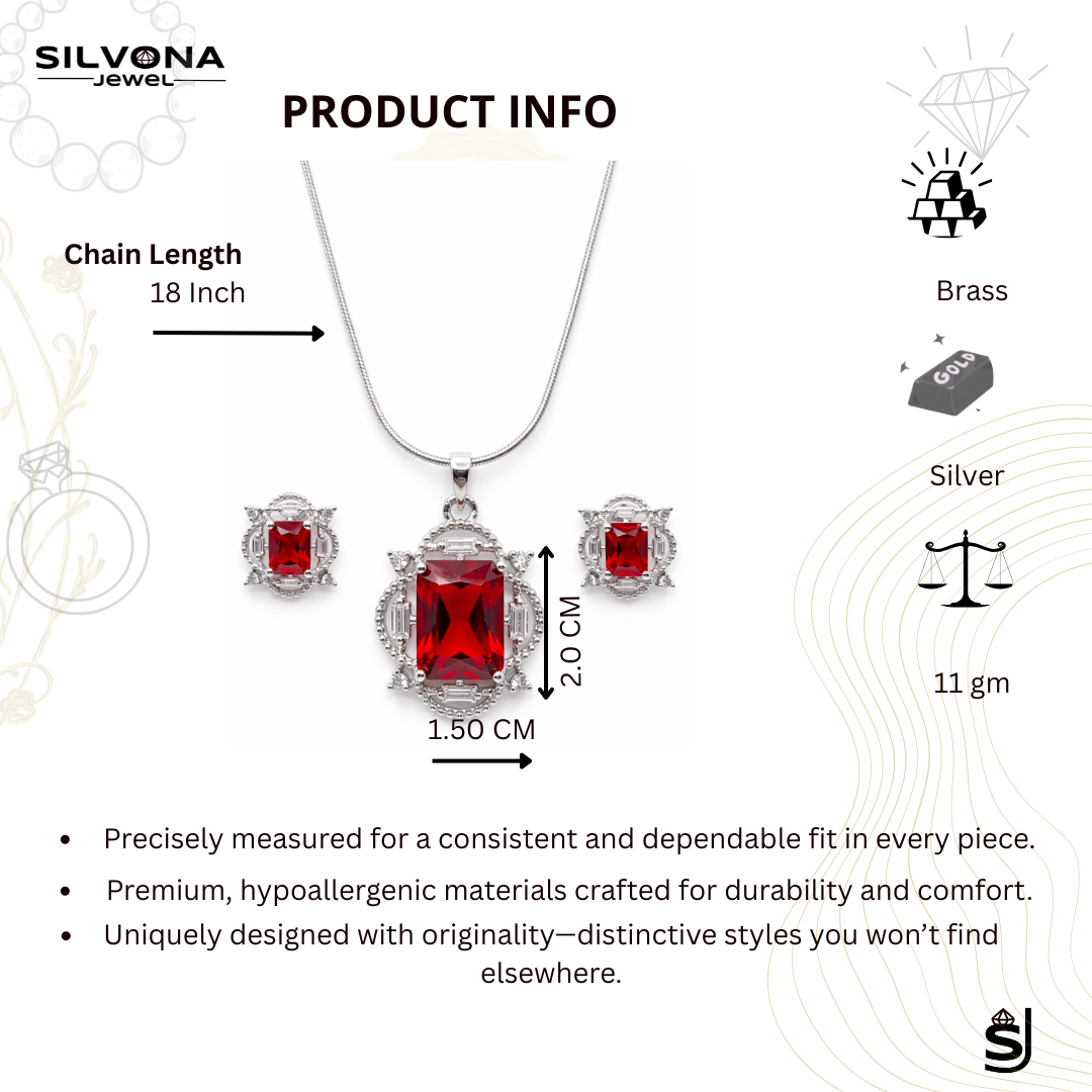 Elegant Pink American Diamond Pendant Set for Women | Silver Polished Brass Jewelry Set with Matching Earrings | Premium Designer Party & Wedding Necklace Set