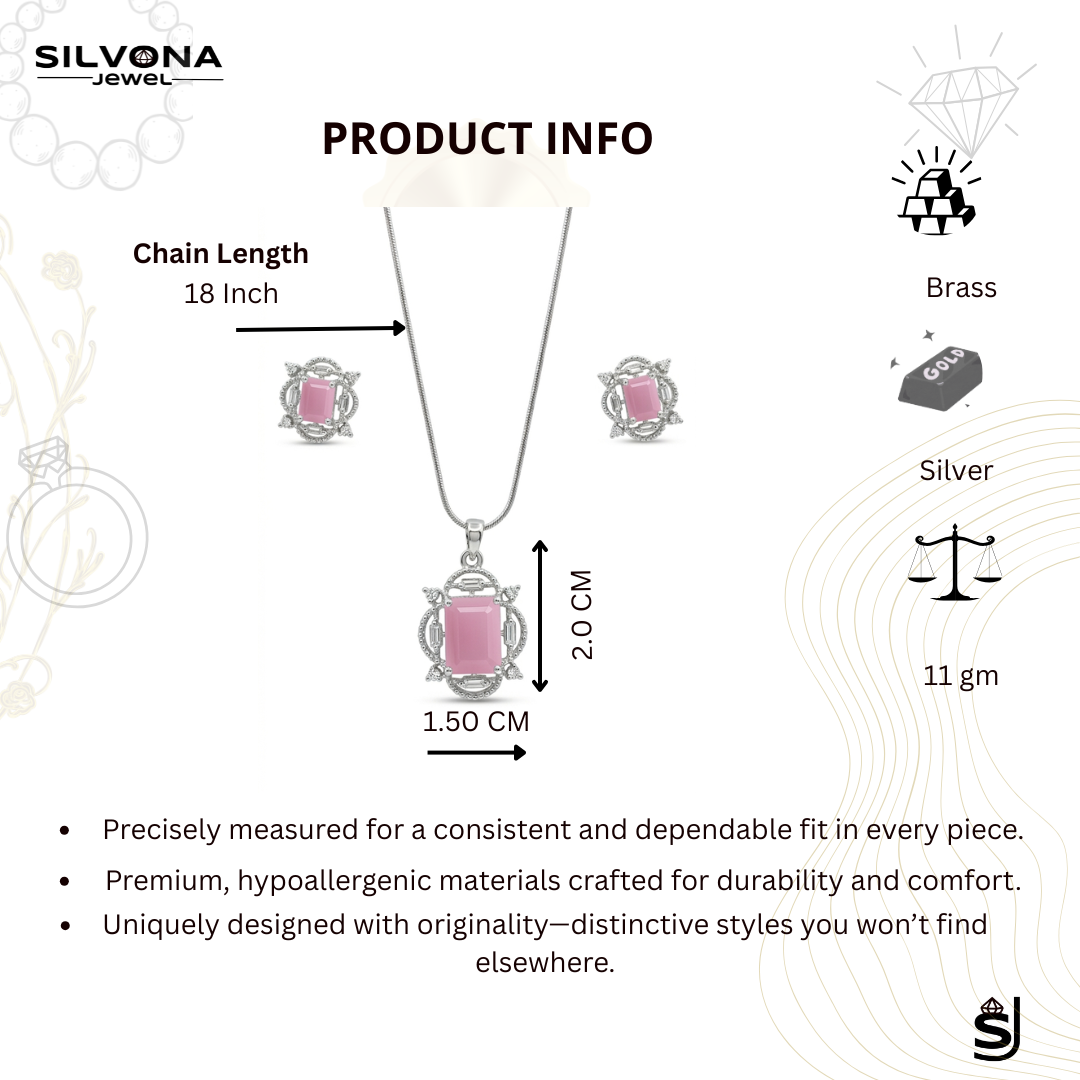 Elegant Pink American Diamond Pendant Set for Women | Silver Polished Brass Jewelry Set with Matching Earrings | Premium Designer Party & Wedding Necklace Set