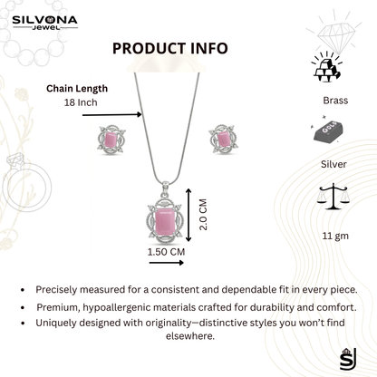 Elegant Pink American Diamond Pendant Set for Women | Silver Polished Brass Jewelry Set with Matching Earrings | Premium Designer Party & Wedding Necklace Set
