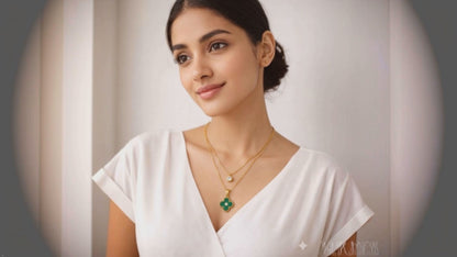 Gold Plated Clover Pendant Necklace for Women | Anti Tarnish Stainless Steel Double Layer Necklace | Green Clover Charm Pendant | Trendy Minimal Jewelry Gift for Girls & Women
