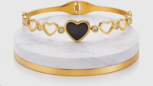 Gold Polished Heart Design Bracelet for Women | Anti Tarnish Stainless Steel Love Bracelet | Elegant Black Heart Charm Bangle | Waterproof Fashion Jewelry for Girls | Daily Wear Gift for Wife Girlfriend