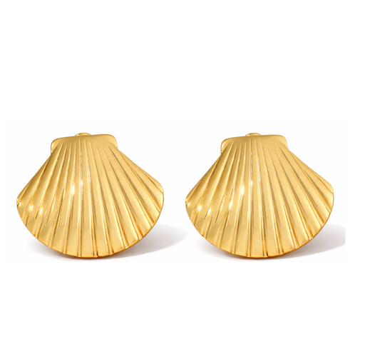 Gold shell-shaped earrings on a white background