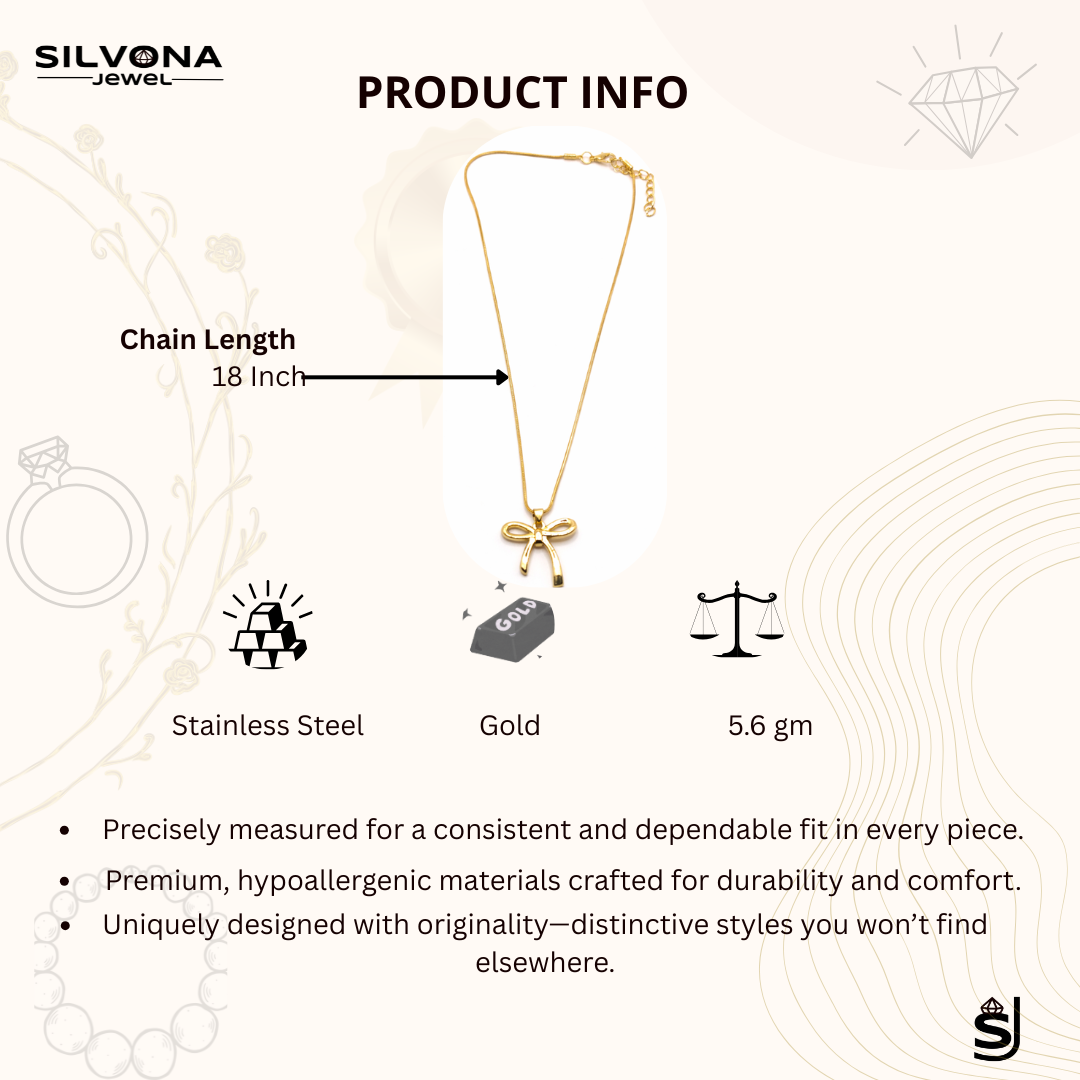 Gold Plated Bow Pendant Necklace with Chain, Hypoallergenic, Adjustable