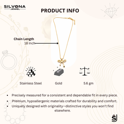 Gold Plated Bow Pendant Necklace with Chain, Hypoallergenic, Adjustable