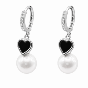 pearl drop earrings with black enamel heart