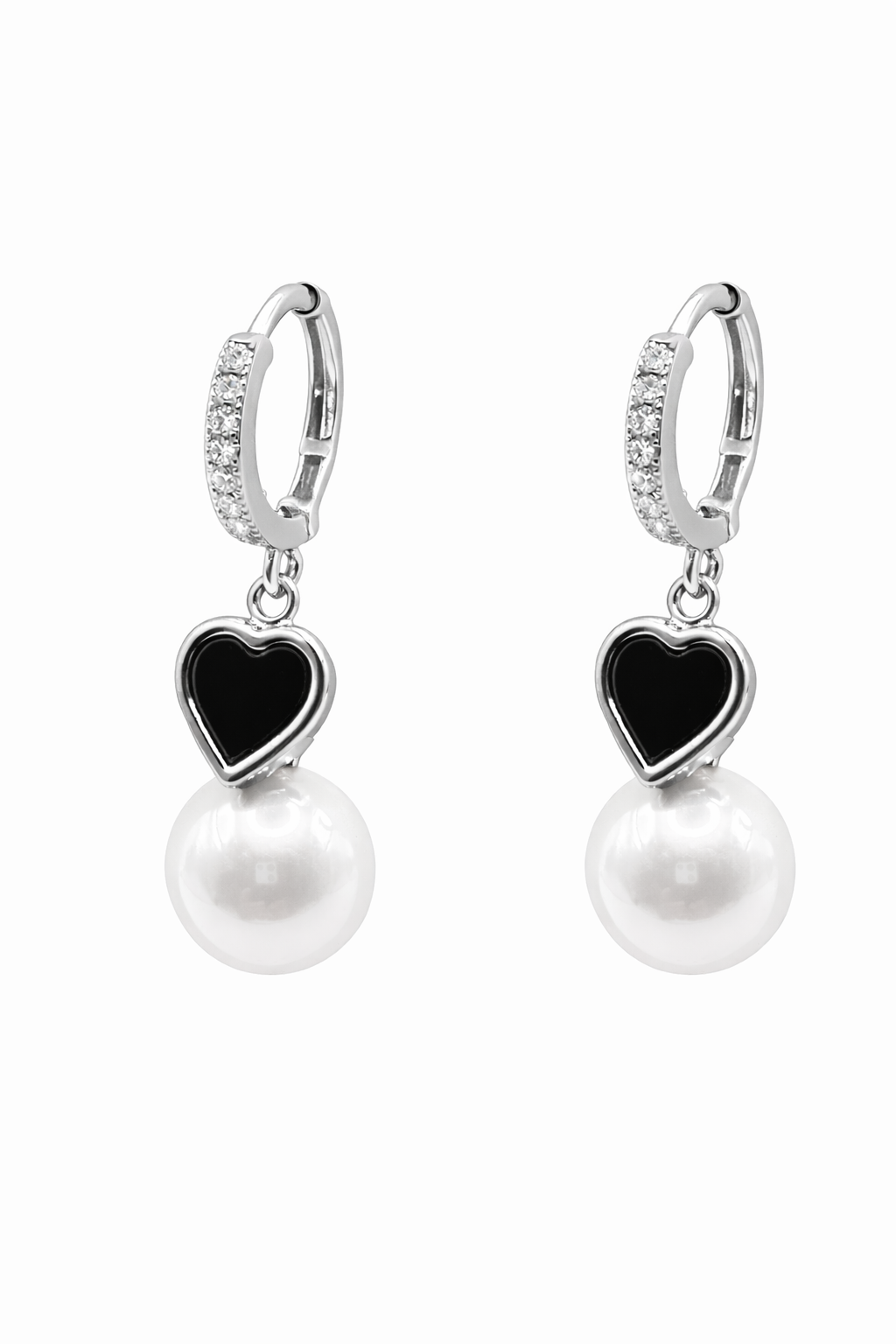 pearl drop earrings with black enamel heart pearl drop earrings with black enamel heart