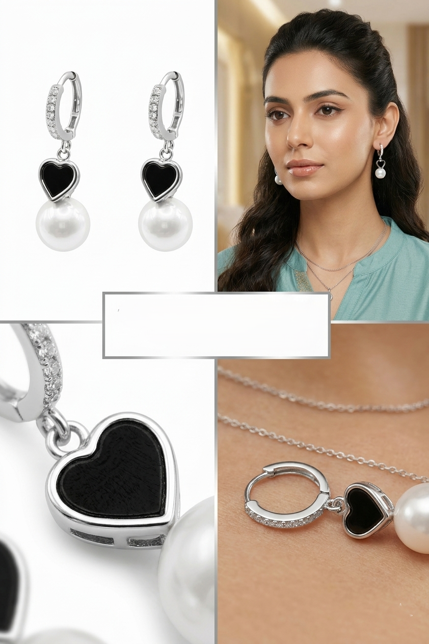 pearl drop earrings with black enamel heart pearl drop earrings with black enamel heart