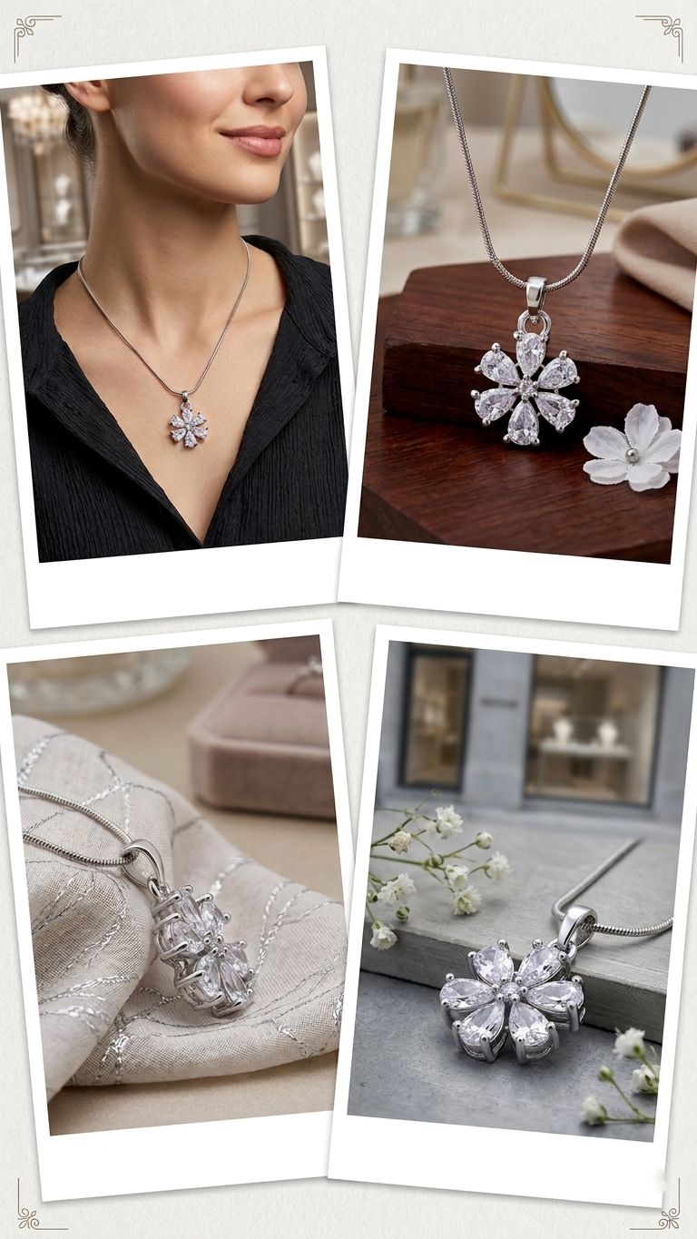 elegant american diamond flower pendant necklace for women elegant american diamond flower pendant necklace for women